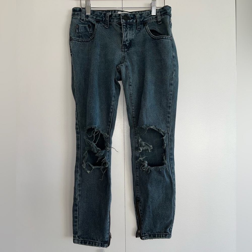 One x One Teaspoon Rebel Freebirds Charcoal Ankle Zipper Distressed Denim